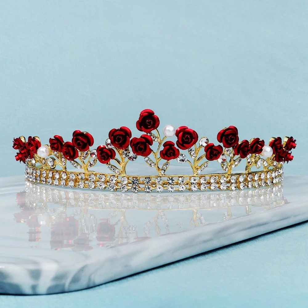 Red rose tiara crown wedding headdress accessories